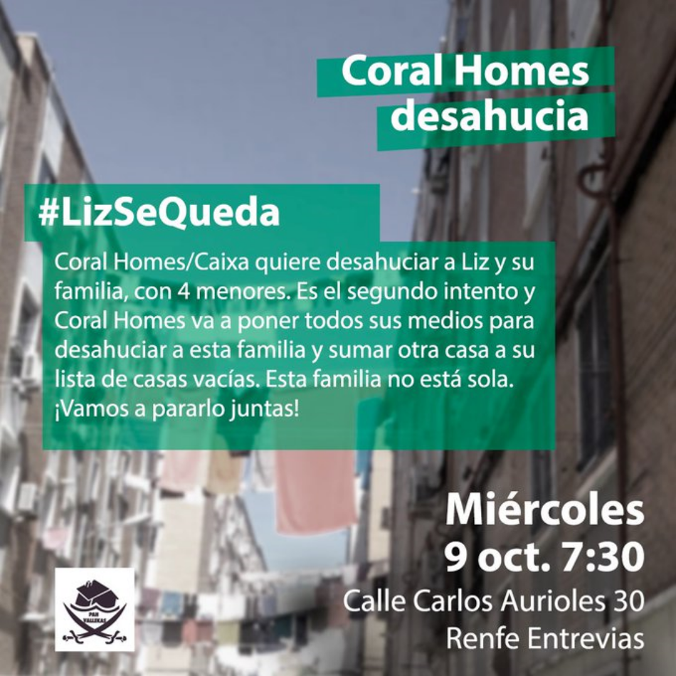 Coral Homes desahucia a una familia mañana miércoles 9 de octubre en Vallekas