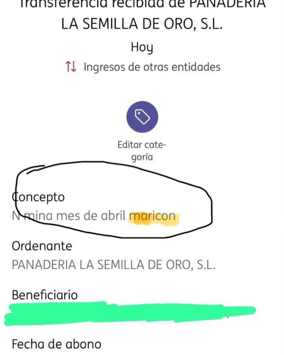 “Nómina abril maricón”: La panadería homófoba de Coín, infracotiza a la seguridad social y no registra jornada de trabajo, según la Inspección de Trabajo