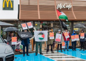 Boicot a McDonald’s: activistas de la Acampada por Palestina de La Rioja se manifiestan ante el nuevo establecimiento de la multinacional en Villamediana/Logroño