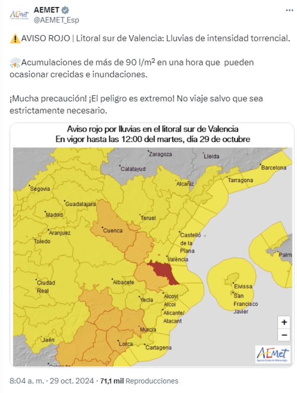 AEMET: «Alertas meteorológicas y protección civil» sobre la DANA desde el 24 de Octubre