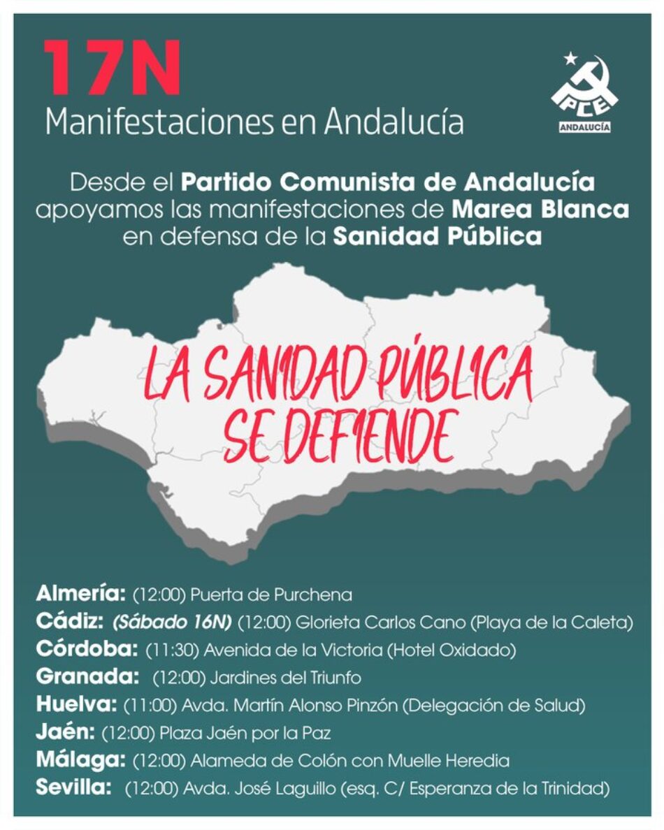 Marea Blanca llama a participar en la manifestación convocada este domingo 17-N para denunciar «el deterioro al que está sometida la sanidad pública andaluza»