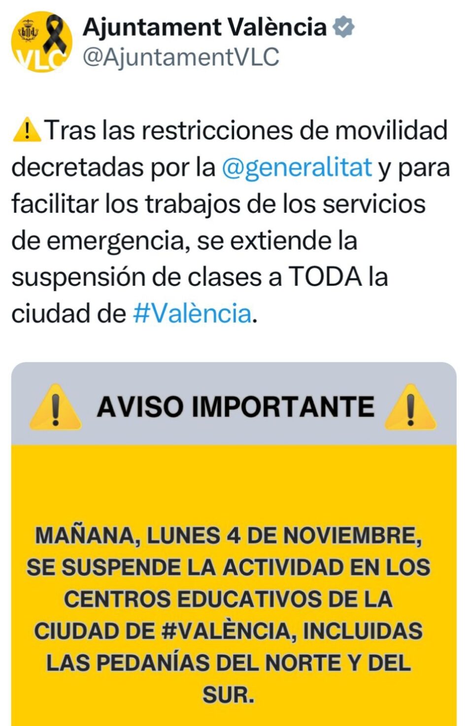 El Ayuntamiento de Valencia avisa por la noche de que hoy no hay clases en toda la ciudad 