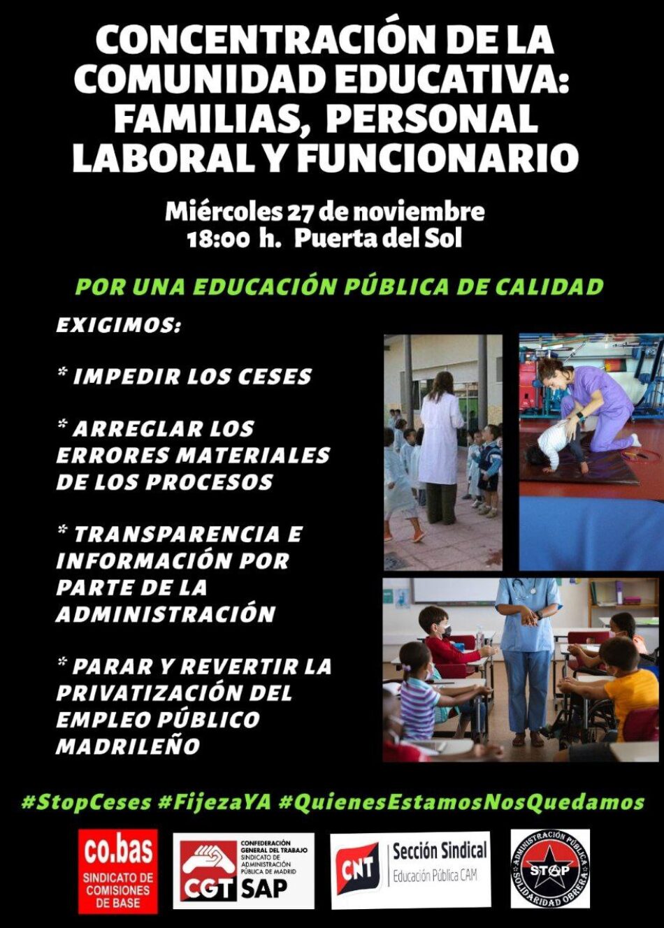 CGT, COBAS, CNT y Solidaridad Obrera: «Los centros educativos se quedan a mitad de curso sin los recursos necesarios para garantizar servicios esenciales para el bienestar y el cuidado del alumnado»