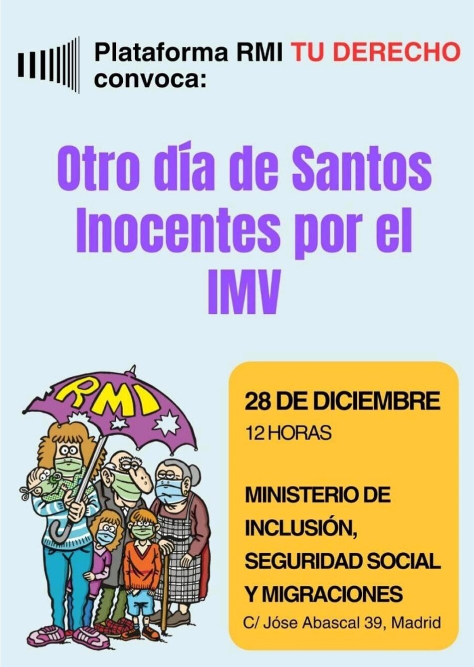 La Plataforma RMI Tu Derecho convoca una concentración el 28-D frente al Ministerio de Inclusión, Seguridad Social y Migraciones