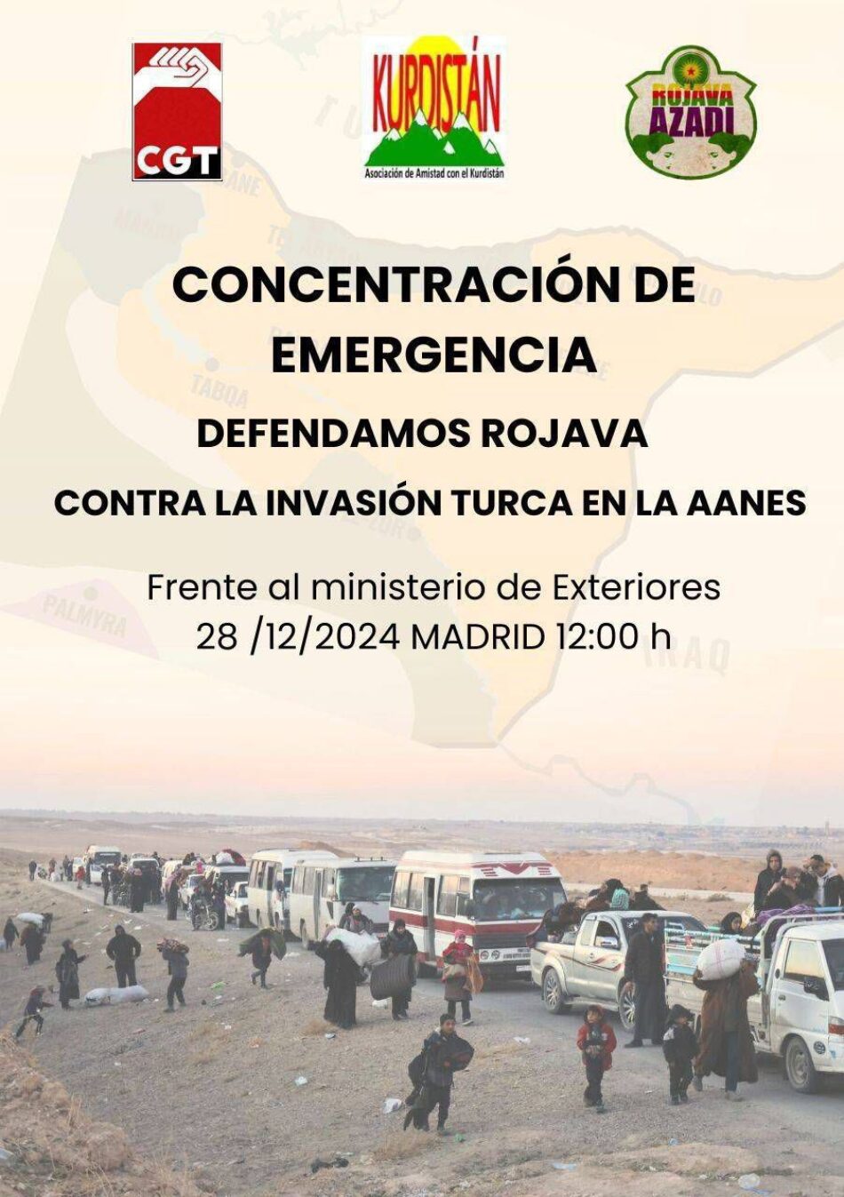 Convocan concentración: «Paremos la guerra en el norte de Siria» – sábado 28 de diciembre 2024, Madrid