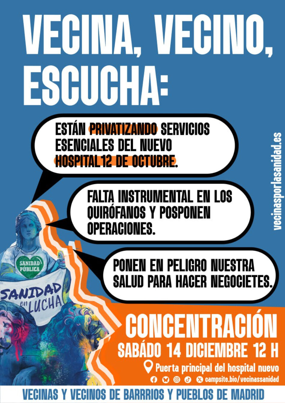 Sanidad Pública: 14 de diciembre concentración vecinal en el nuevo Hospital 12 de Octubre y el 16 nueva entrega masiva de reclamaciones por Registro