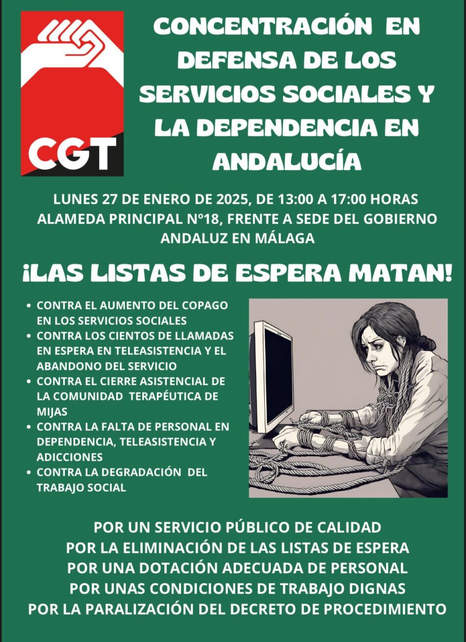 CGT: «Grito de socorro por la teleasistencia, valoración de dependencia y atención de adicciones en Andalucía»