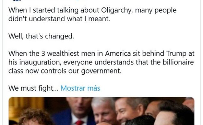 Bernie Sanders: «Cuando los tres hombres más ricos de Estados Unidos se sientan detrás de Trump en su toma de posesión, todos entienden que la clase multimillonaria ahora controla nuestro gobierno»