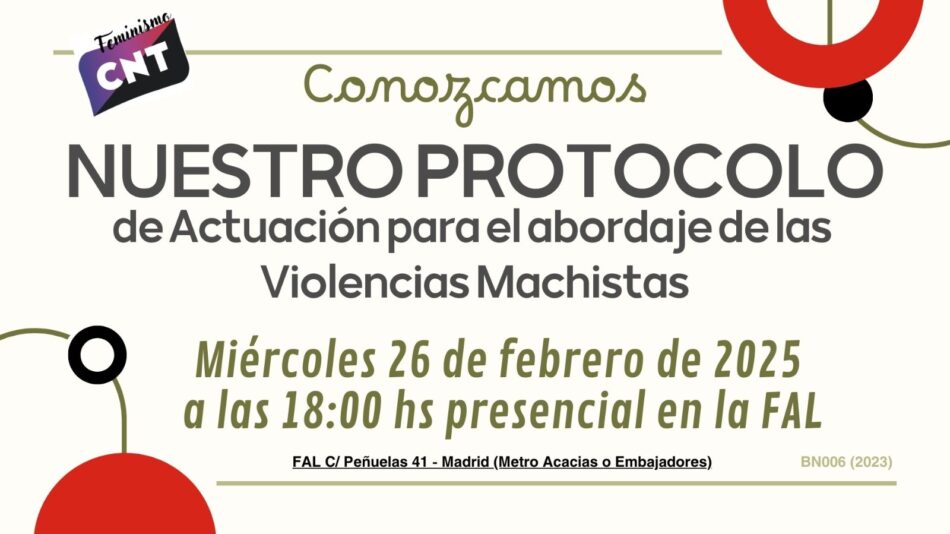 CNT Regional Centro convoca a una jornada para dar a conocer su protocolo contra las violencias machistas: 26 de febrero, en la Fundación Anselmo Lorenzo (Madrid)