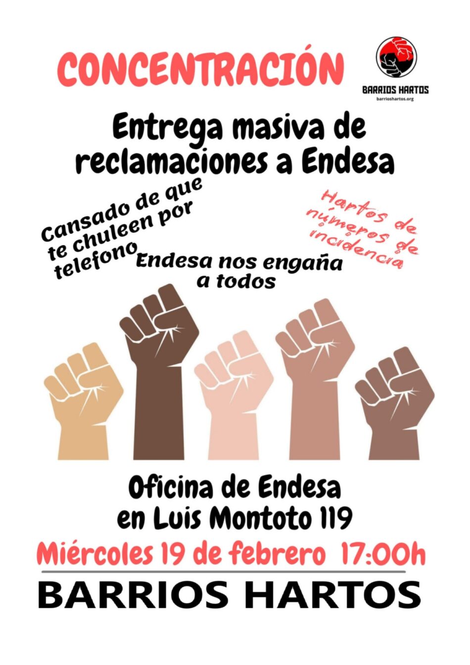 Barrios Hartos convoca concentración hoy miércoles, 19 de febrero, en la Oficina Comercial de Endesa en Luis Montoto, 119 (Sevilla)