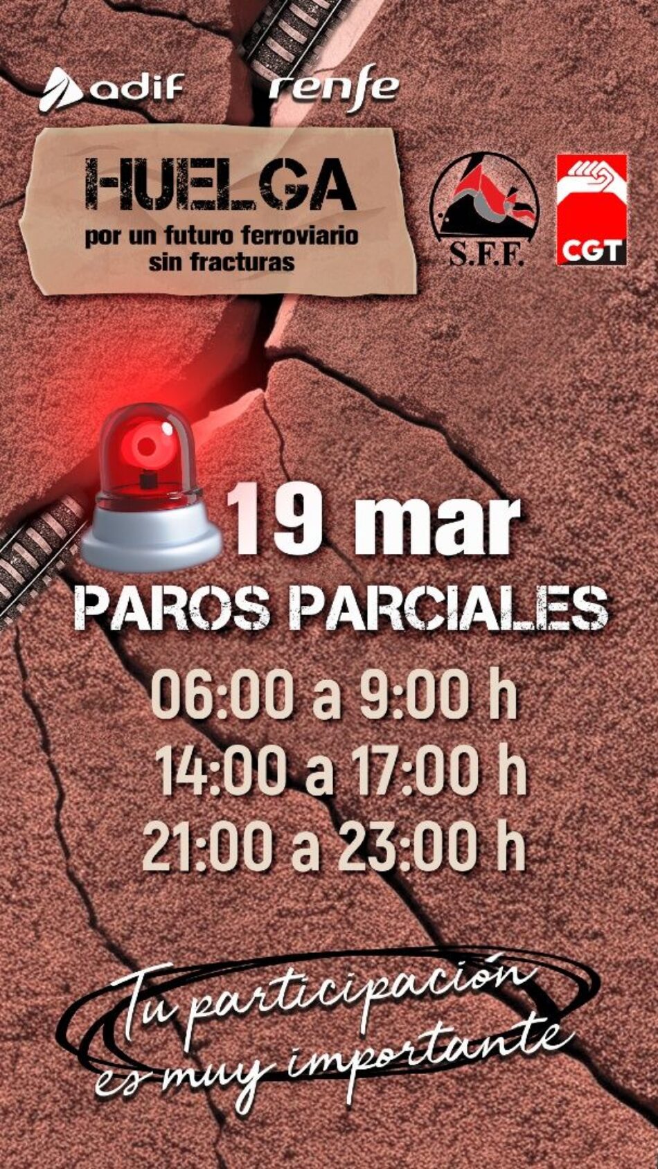 Nueva jornada de huelga en RENFE y ADIF. Paros parciales hoy 19 de marzo