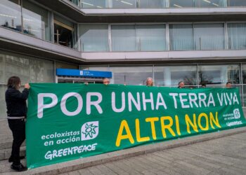 Ecologistas en Acción y Greenpeace entran en la sede de la Xunta de Galicia en Vigo para rechazar el atentado ambiental y social de Altri